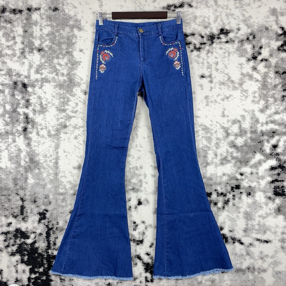 Flying Tomato Flare Jeans Womens Size Small Blue Embroidered Raw‎ Hem Hippie